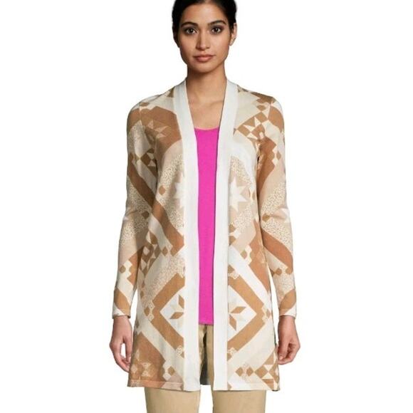 Lands' End open front knit cardigan sweater ivory beige brown quilt print - Picture 1 of 7